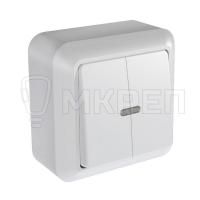 Выключатель 2-клавишный, открытой установки, с индикатором белый, 10A Оптима