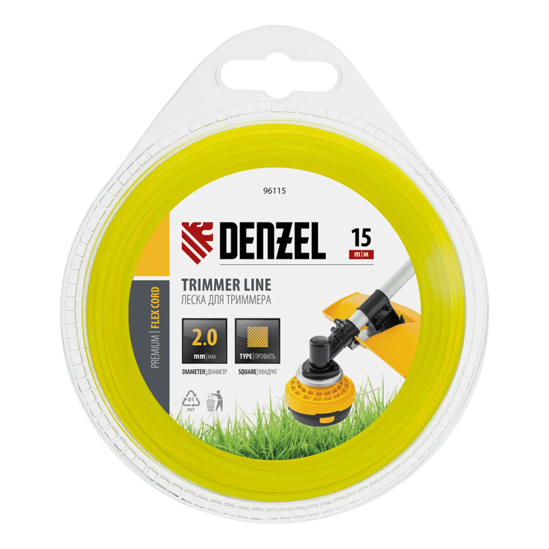 Леска для триммера, квадрат, 2 мм х 15 м, блистер, FLEX CORD, Denzel
